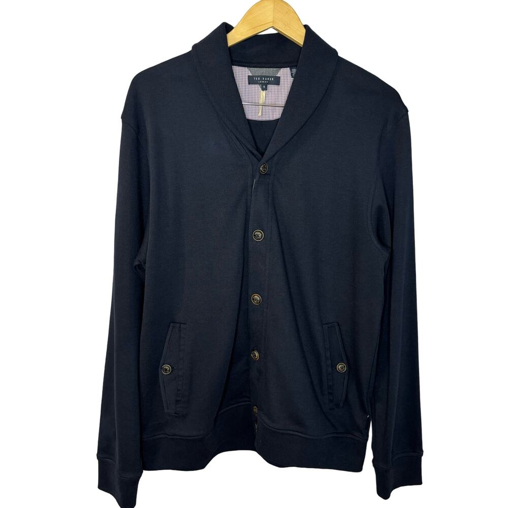 Ted Baker Berden Shawl Collar Knit Cardigan Navy Cotton Preppy Grandpa Men's XL